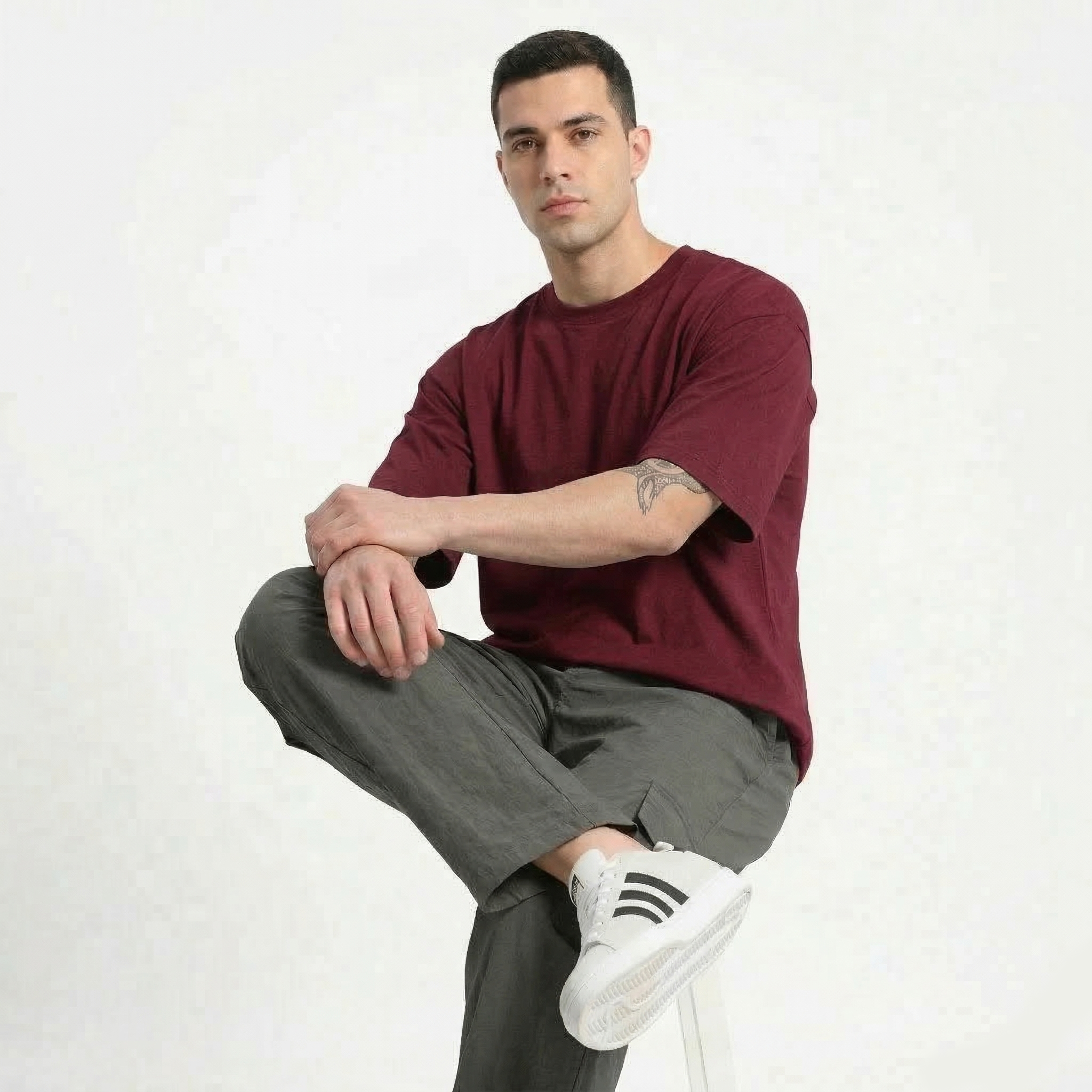 Men's Wide-Leg Nylon Terry Cargo Pants - Charcoal Grey Utility Trousers