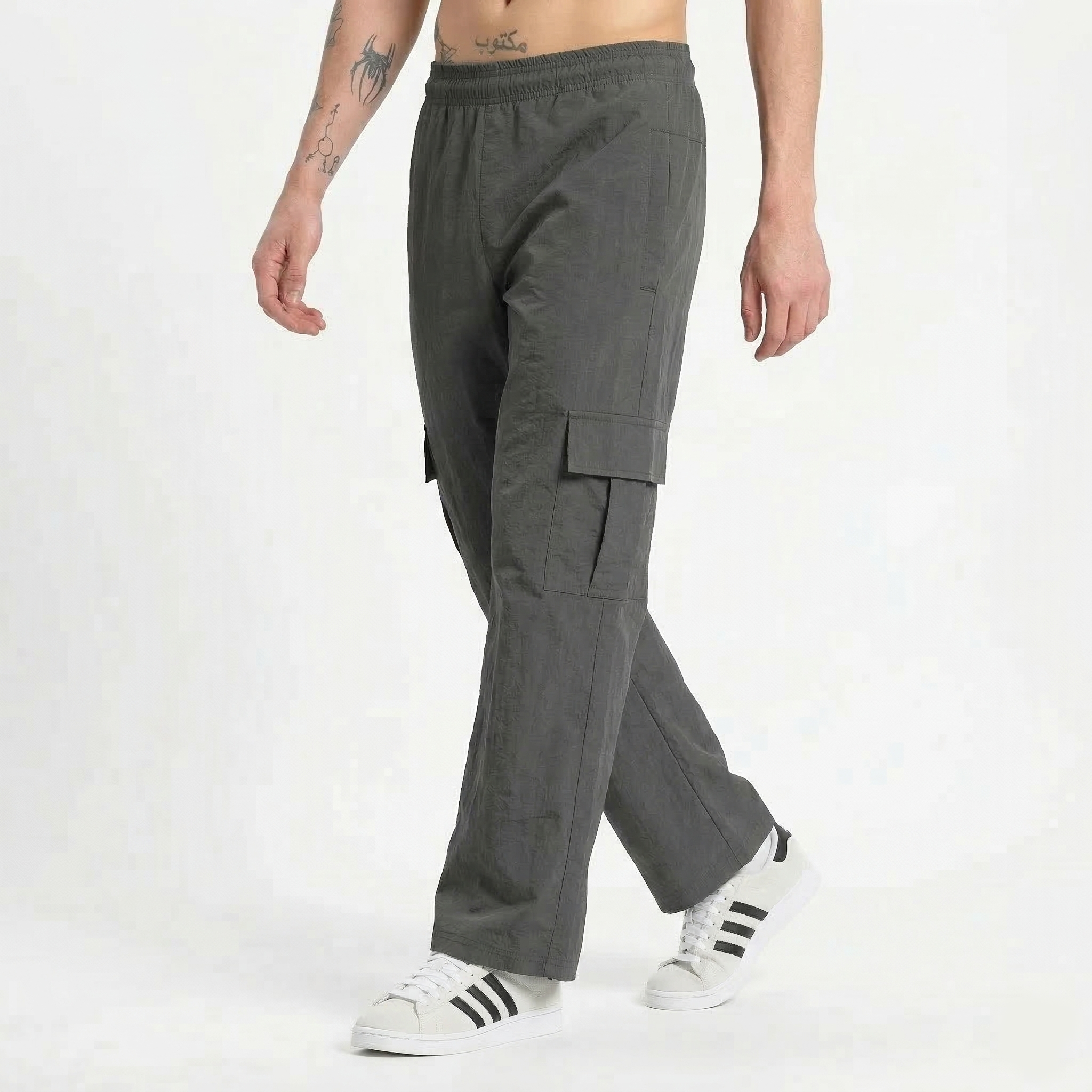 Men's Wide-Leg Nylon Terry Cargo Pants - Charcoal Grey Utility Trousers