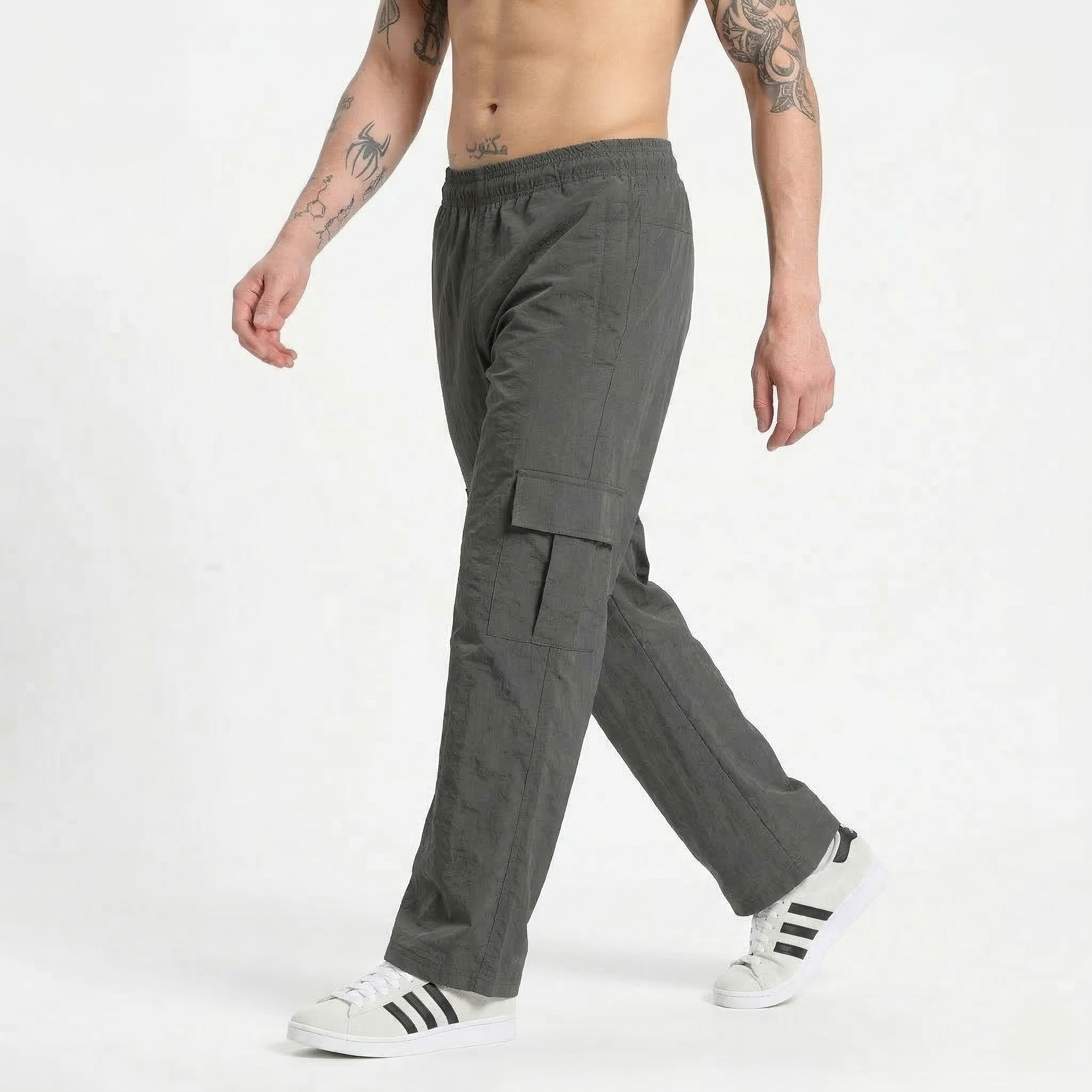Men's Wide-Leg Nylon Terry Cargo Pants - Charcoal Grey Utility Trousers