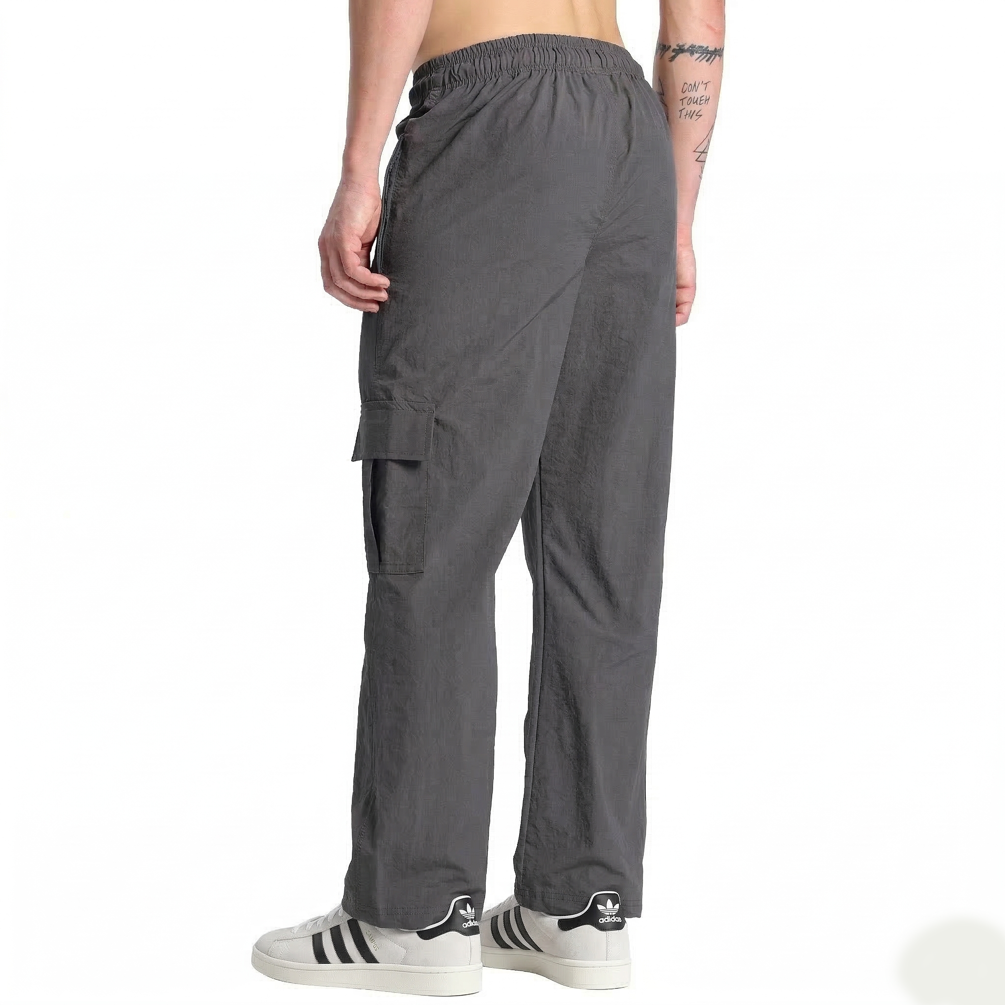 Men's Wide-Leg Nylon Terry Cargo Pants - Charcoal Grey Utility Trousers