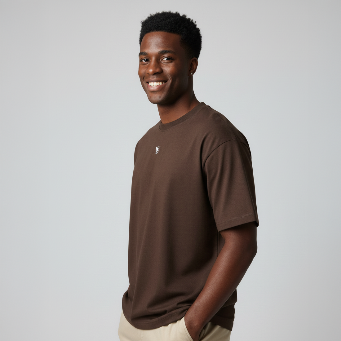 Valesto Center-Logo Heavyweight Drop Shoulder Tee - Mocha Brown