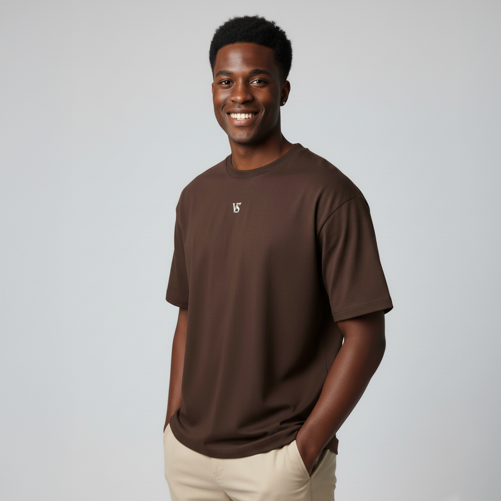 Valesto Center-Logo Heavyweight Drop Shoulder Tee - Mocha Brown