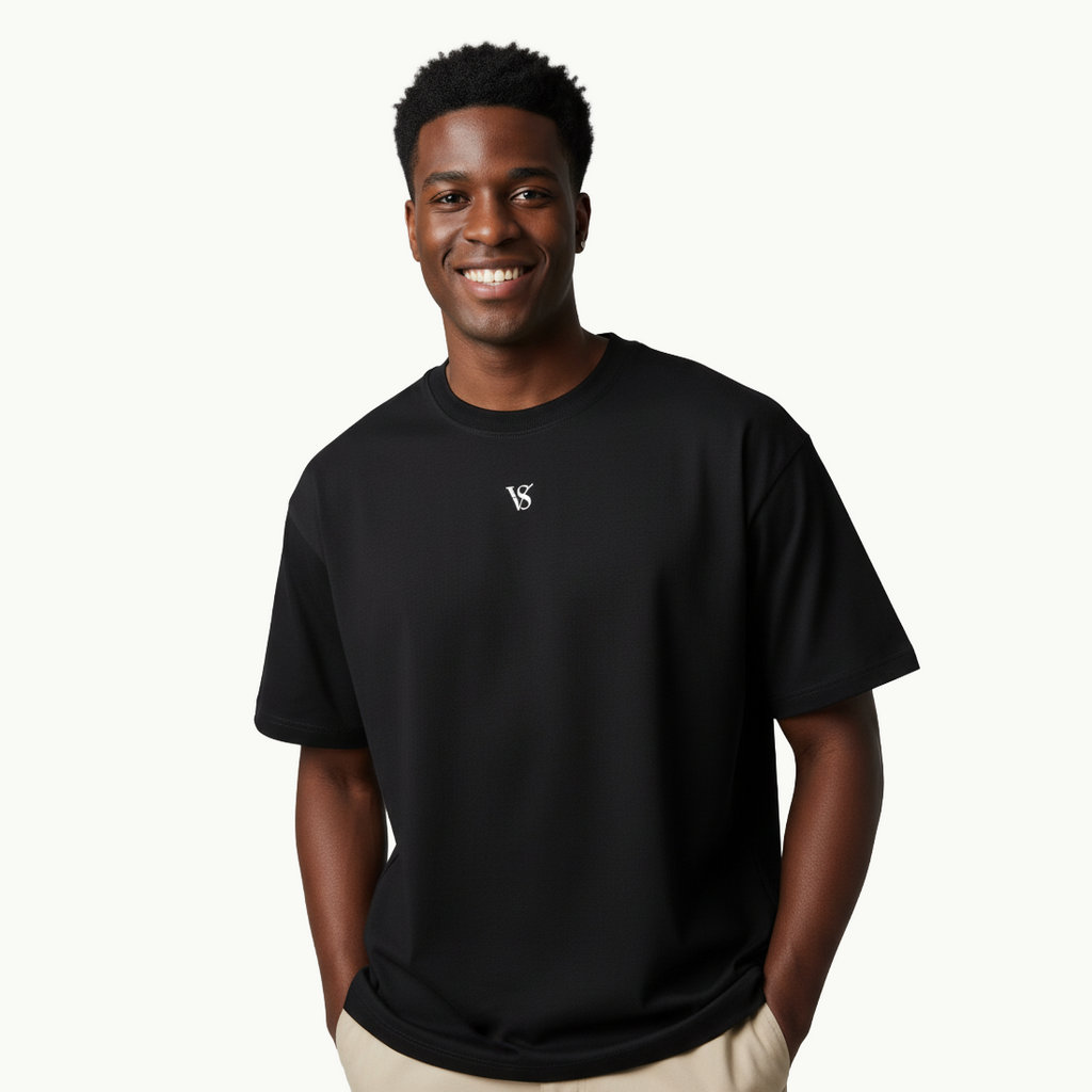 Valesto Center-Logo Heavyweight Drop Shoulder Tee -Jet Black