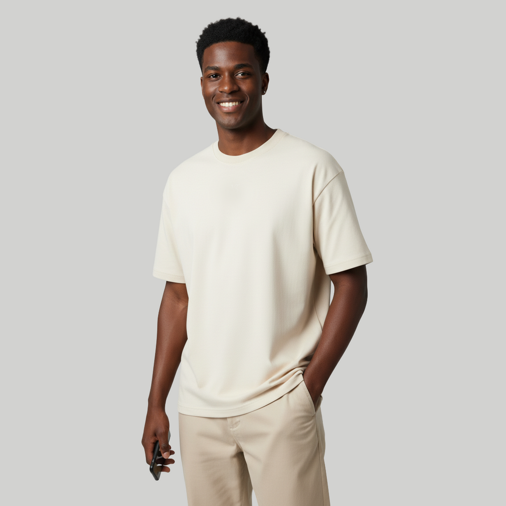 Valesto Center-Logo Heavyweight Drop Shoulder Tee -Oatmeal Cream