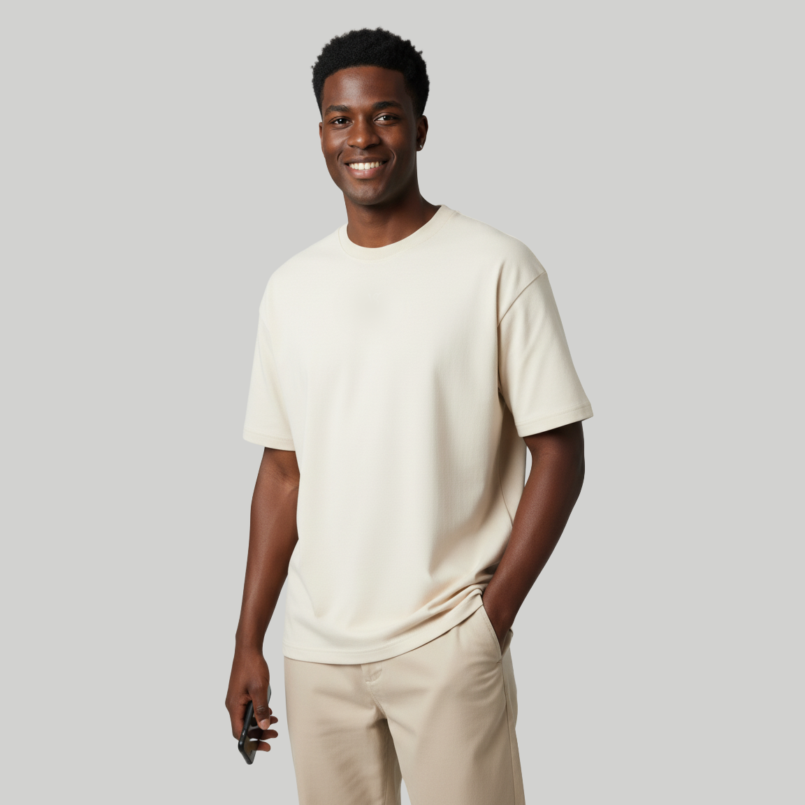 Valesto Center-Logo Heavyweight Drop Shoulder Tee -Oatmeal Cream
