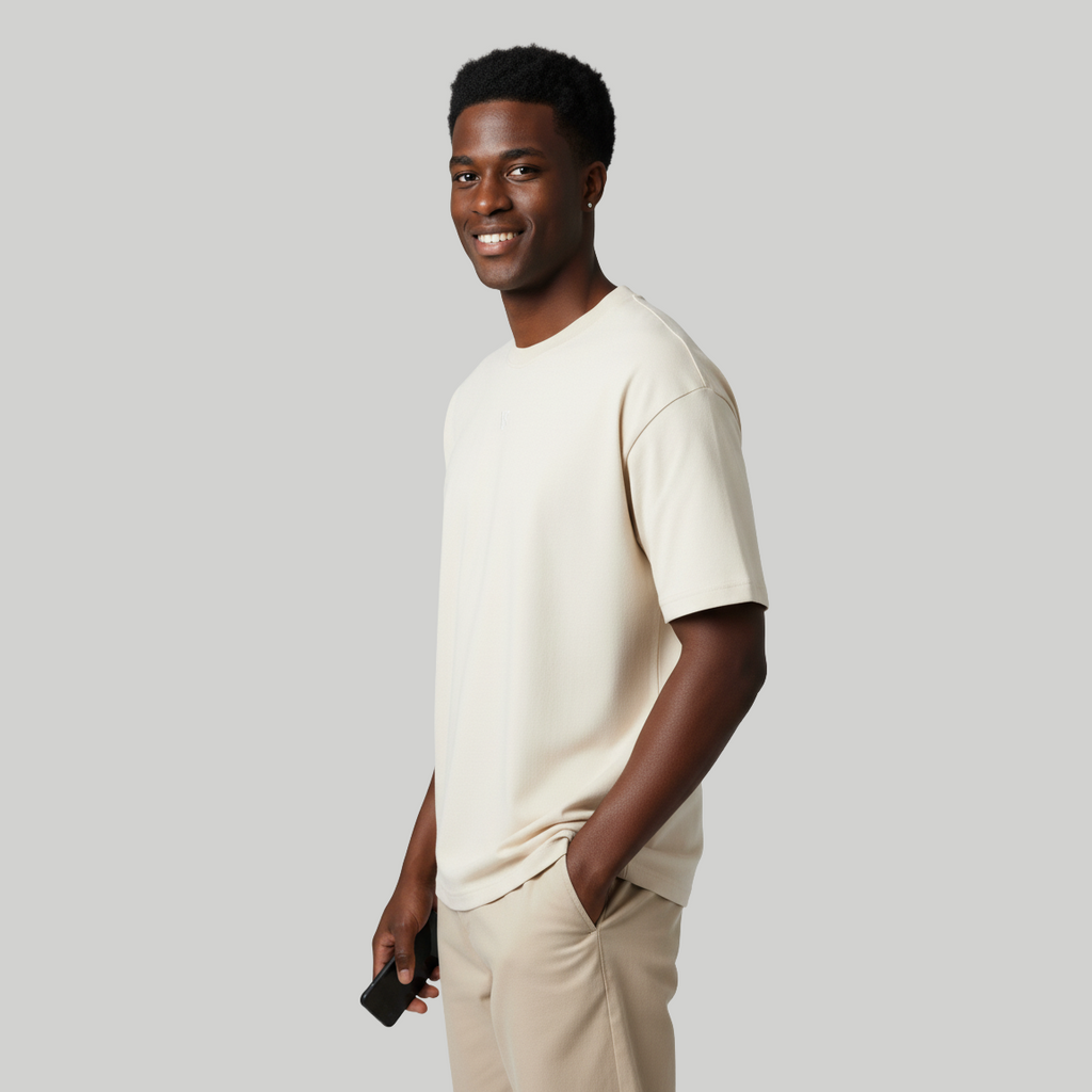 Valesto Center-Logo Heavyweight Drop Shoulder Tee -Oatmeal Cream