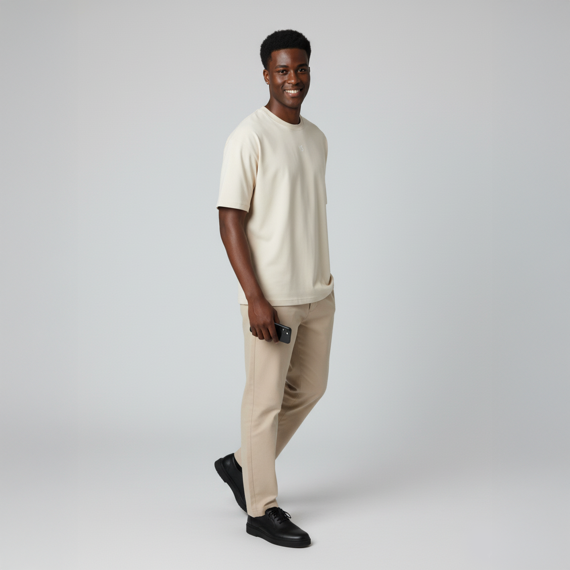 Valesto Center-Logo Heavyweight Drop Shoulder Tee -Oatmeal Cream