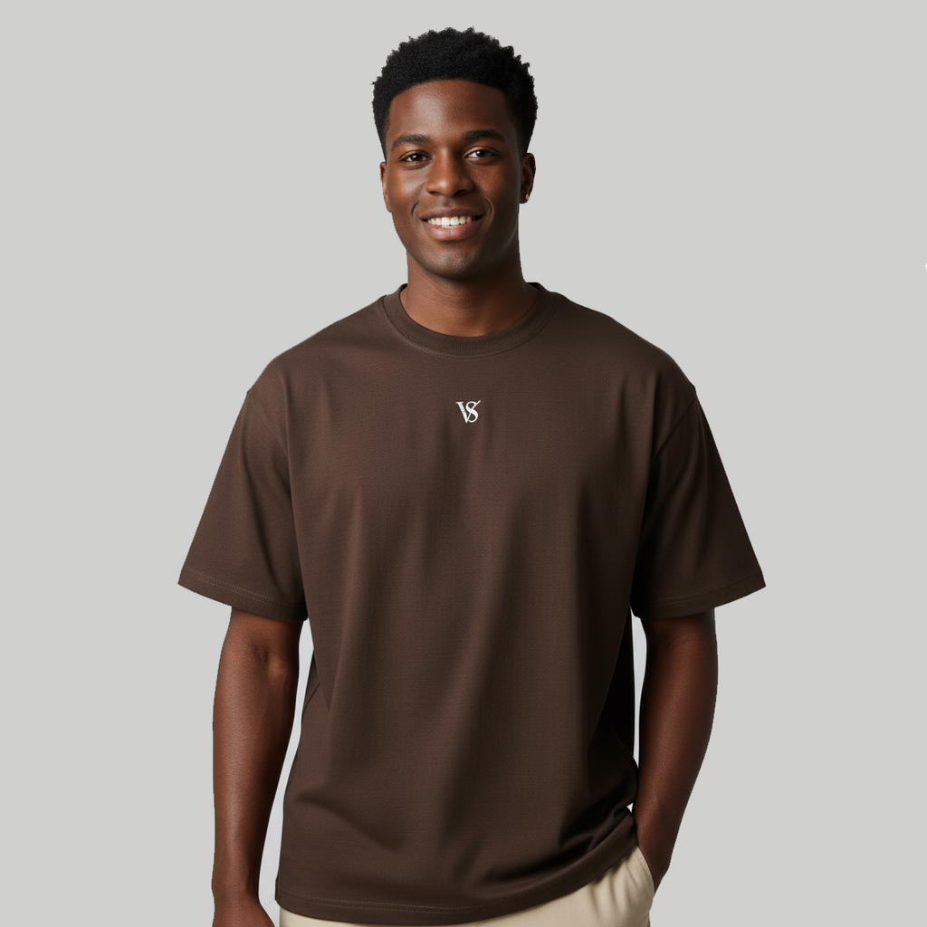 Valesto Center-Logo Heavyweight Drop Shoulder Tee - Mocha Brown