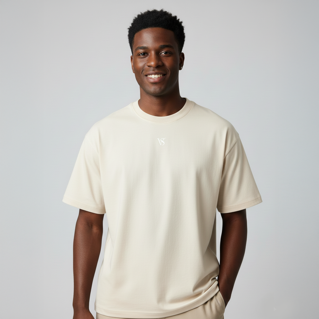 Valesto Center-Logo Heavyweight Drop Shoulder Tee -Oatmeal Cream