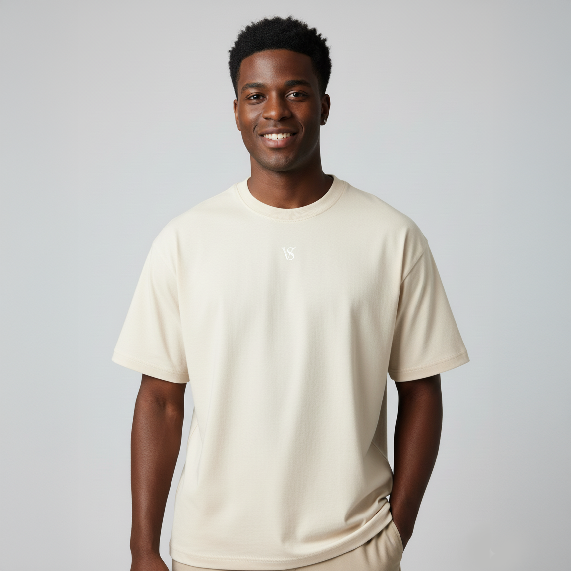 Valesto Center-Logo Heavyweight Drop Shoulder Tee -Oatmeal Cream